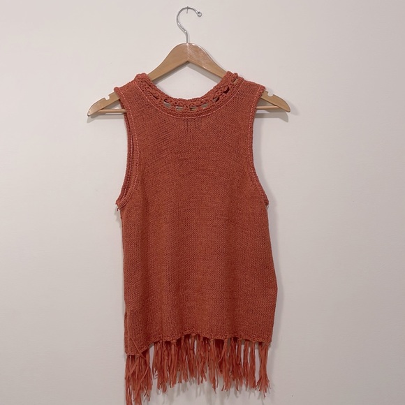 Pepin Anthropologie Bohemian Knit Fringe Tassel crochet Top Orange Large - Picture 2 of 7